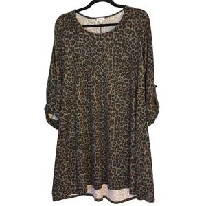 Lovesfire Olive Green Leopard Print Tunic Dress Womens Medium Roll Tab‎ Sleeve